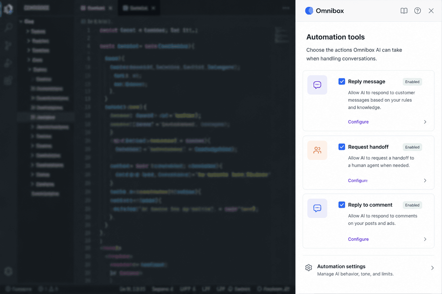 Agent settings and automation in a modern product UI