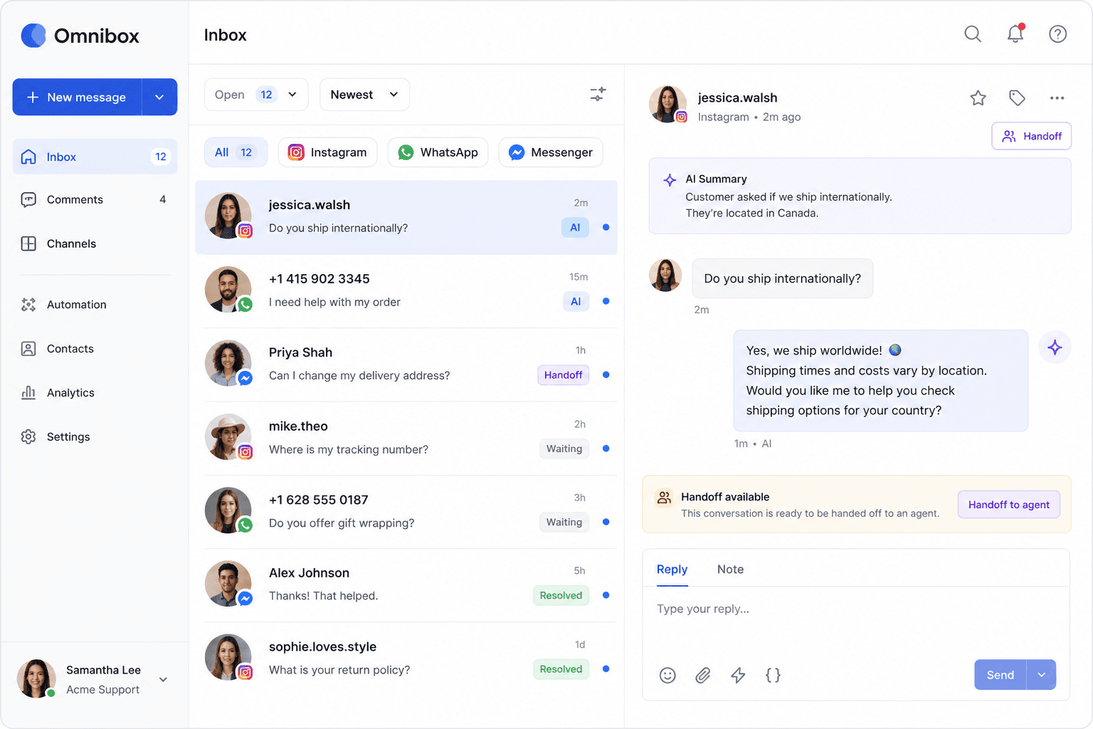 Omnibox dashboard with inbox threads, channels, and agent configuration