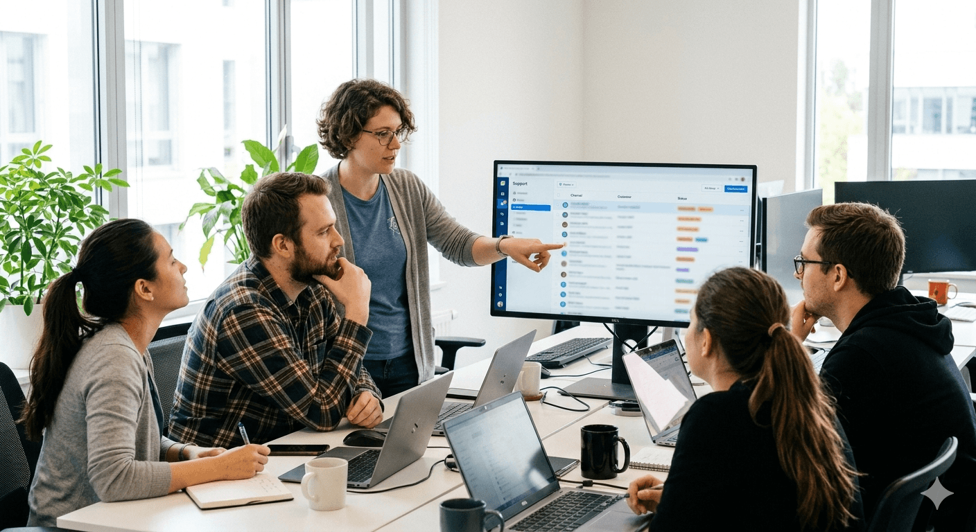 Support team collaborating in front of monitors showing chat queues