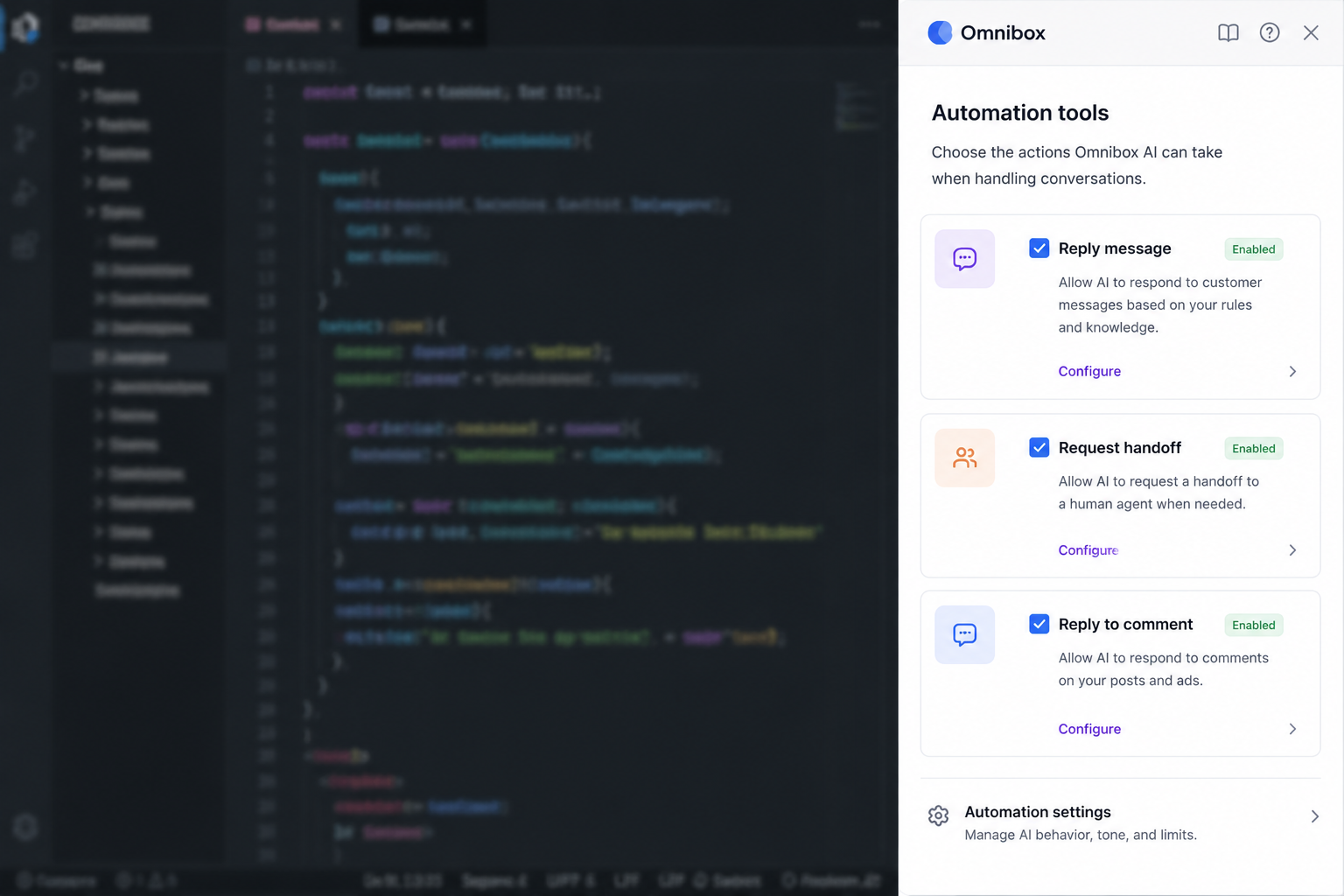 Agent settings and automation in a modern product UI