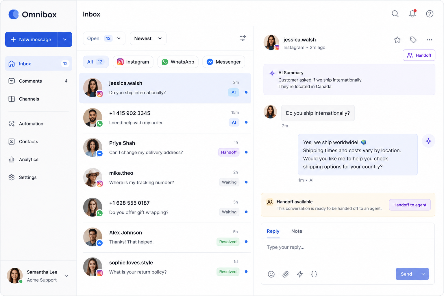 Omnibox dashboard with inbox threads, channels, and agent configuration