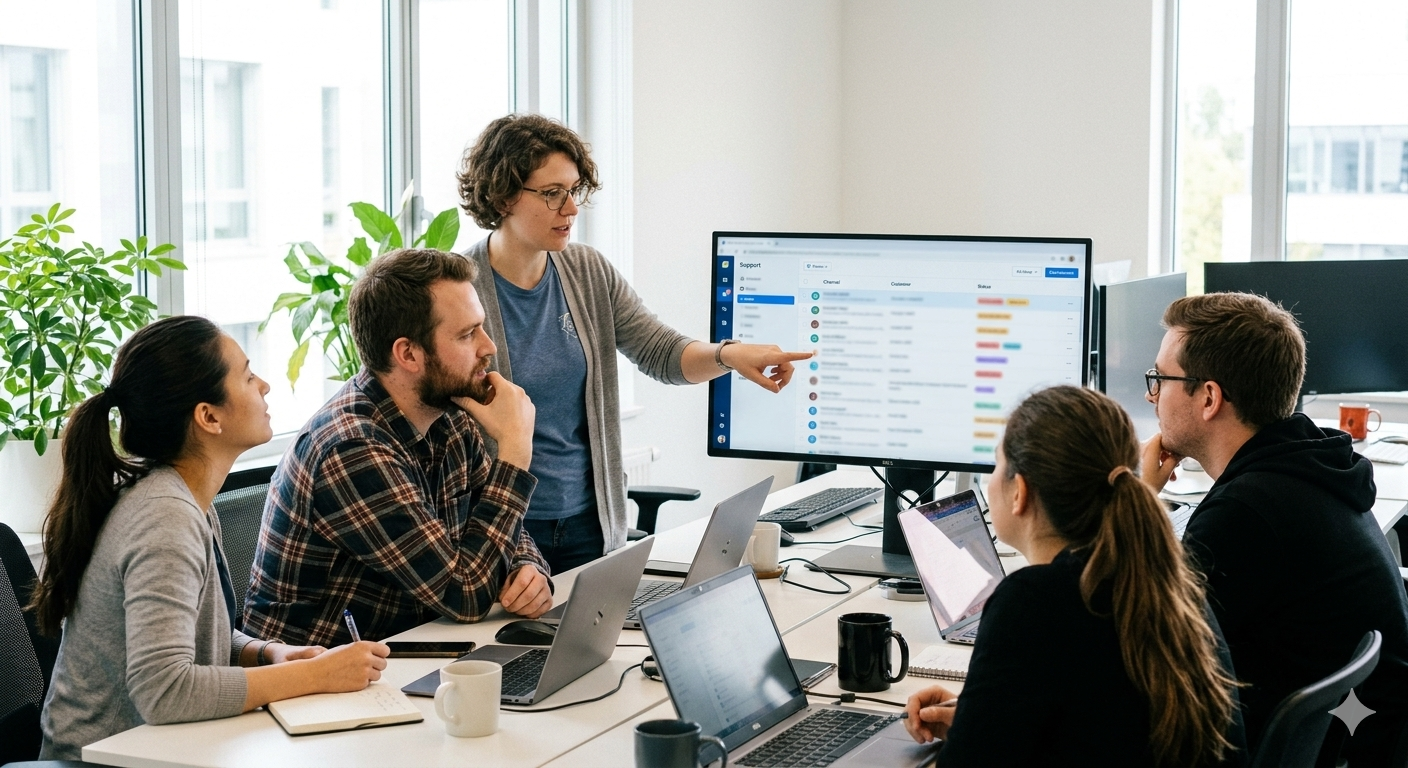 Support team collaborating in front of monitors showing chat queues